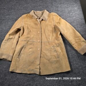 Brandon Thomas Tan Leather Suede Shearling Coat Women XL Button Front Vintage